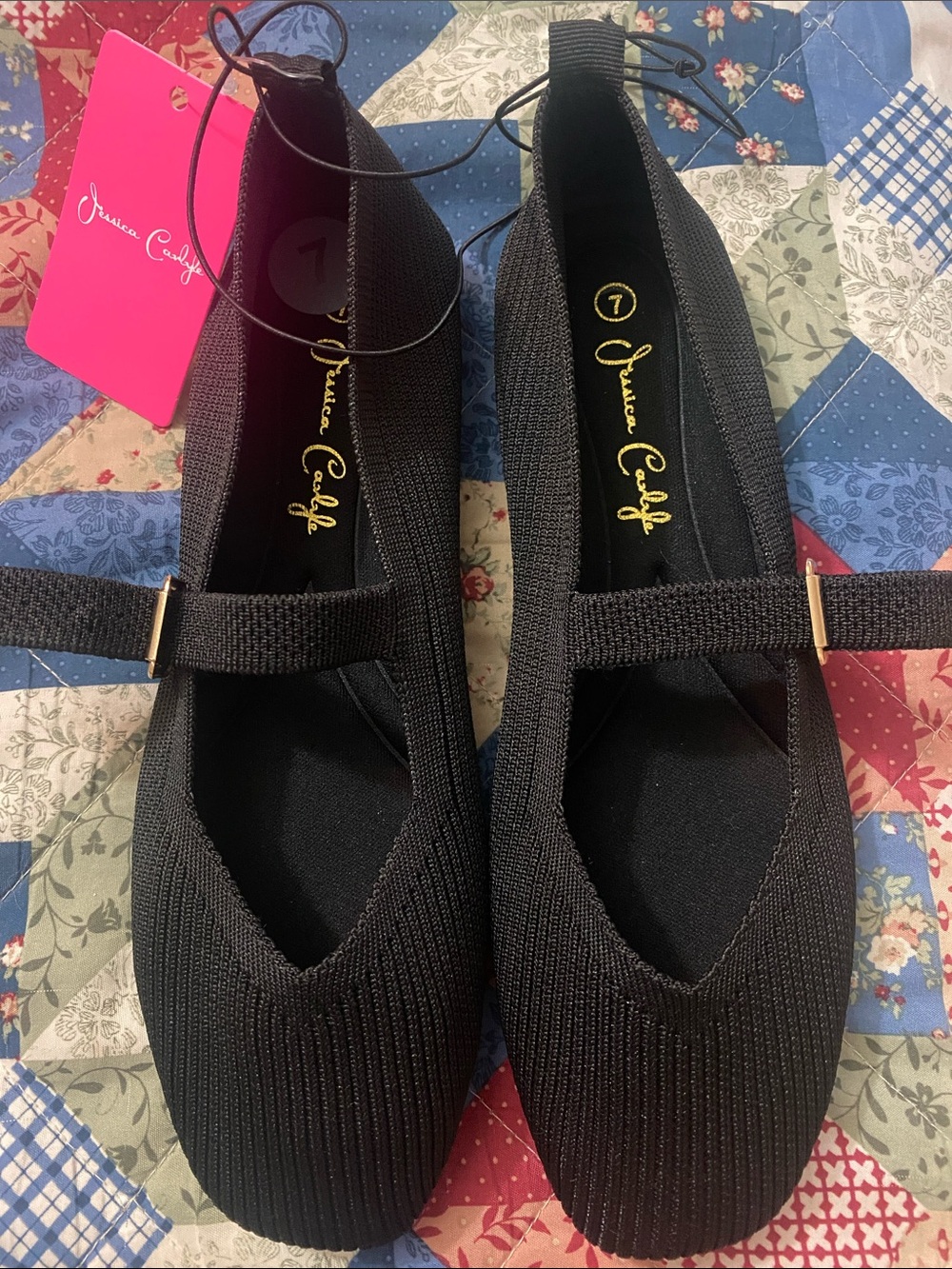 Jessica Black Knit Mary Jane Flats with Gold Accent